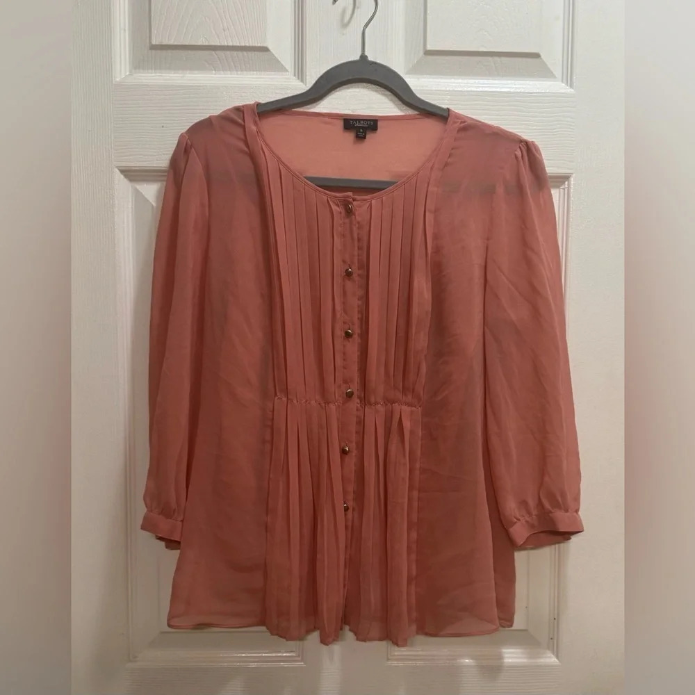 Talbots Dusty Pink Sheer Top with Tank Size 6 Button Up Pleated 3/4 Sleeves